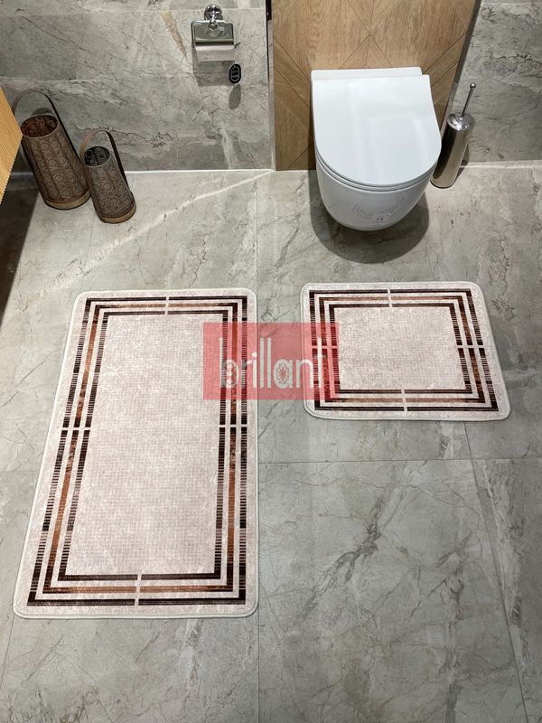 (bej) Bej Renk Çizgi Desenli 2 li  Deri Taban  Banyo Paspas (60x100 - 60x50) - 4