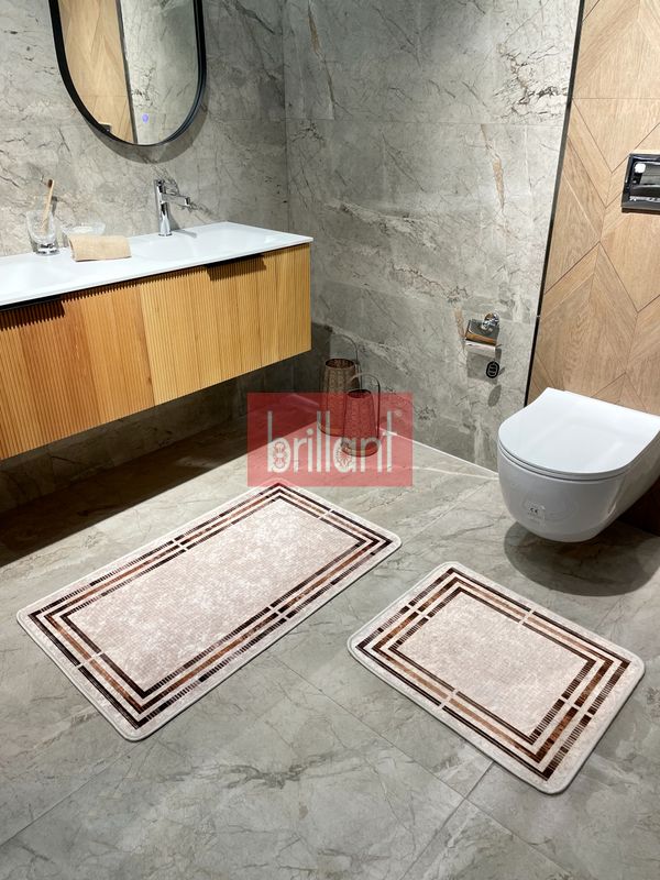 (bej) Bej Renk Çizgi Desenli 2 li  Deri Taban  Banyo Paspas (60x100 - 60x50) - 5