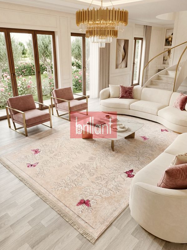 (bej) Kelebek Desenli Bej Renk Lateks Taban Salon Halısı - 3