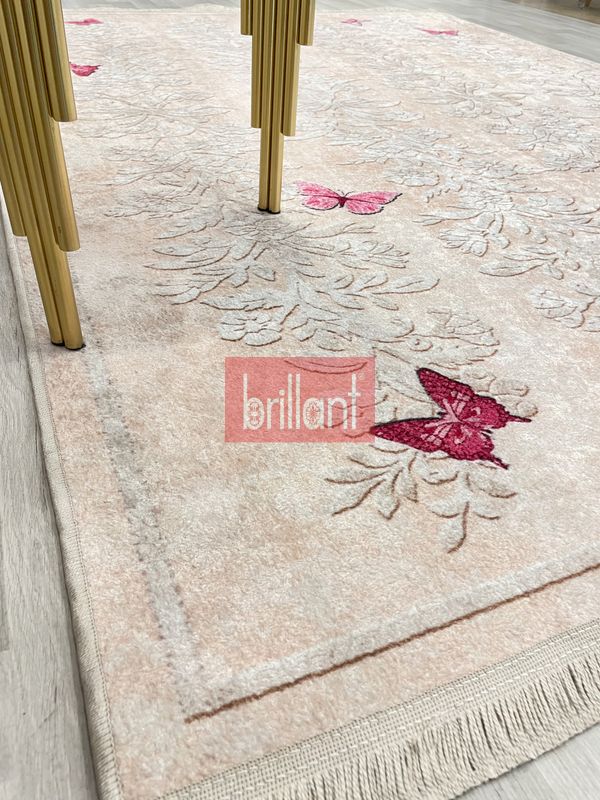 (bej) Kelebek Desenli Bej Renk Lateks Taban Salon Halısı - 4