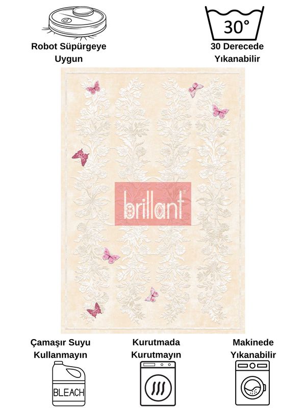 (bej) Kelebek Desenli Bej Renk Lateks Taban Salon Halısı - 6