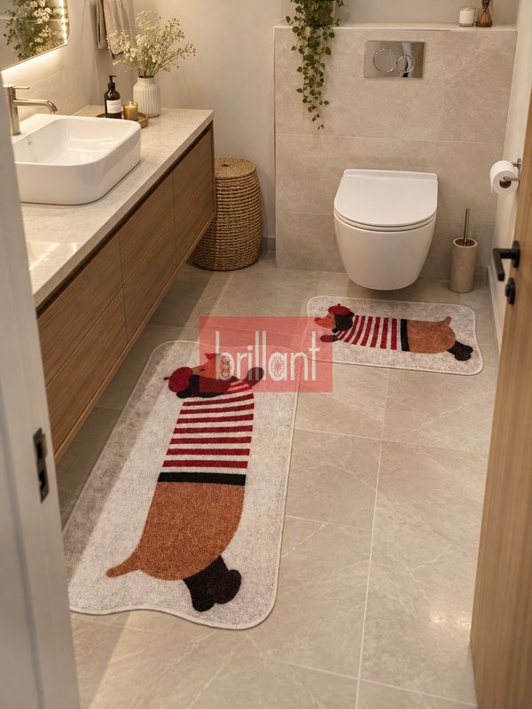 (bej) Köpek Desenli 2'li Lateks Taban Banyo Paspası (60x100-60x50) - 2