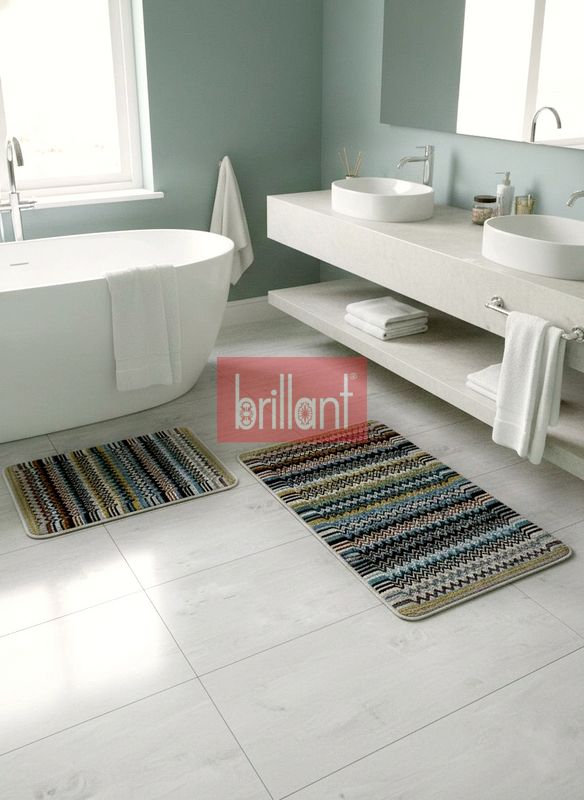 (mavi) Zigzag Desenli 2 li Deri Taban Banyo Paspas (60x100 - 60x50) - 2