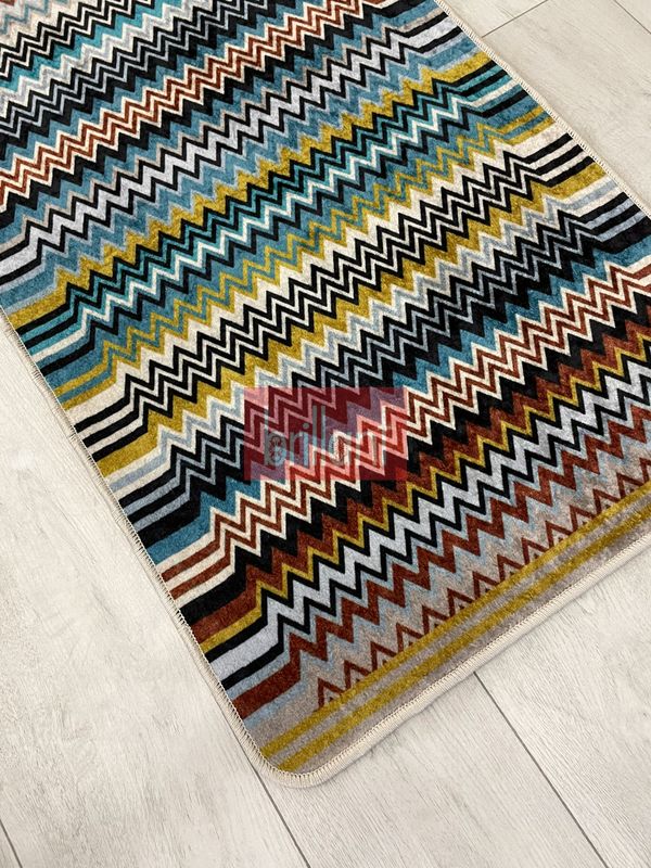 (mavi) Zigzag Desenli 2 li Deri Taban Banyo Paspas (60x100 - 60x50) - 3