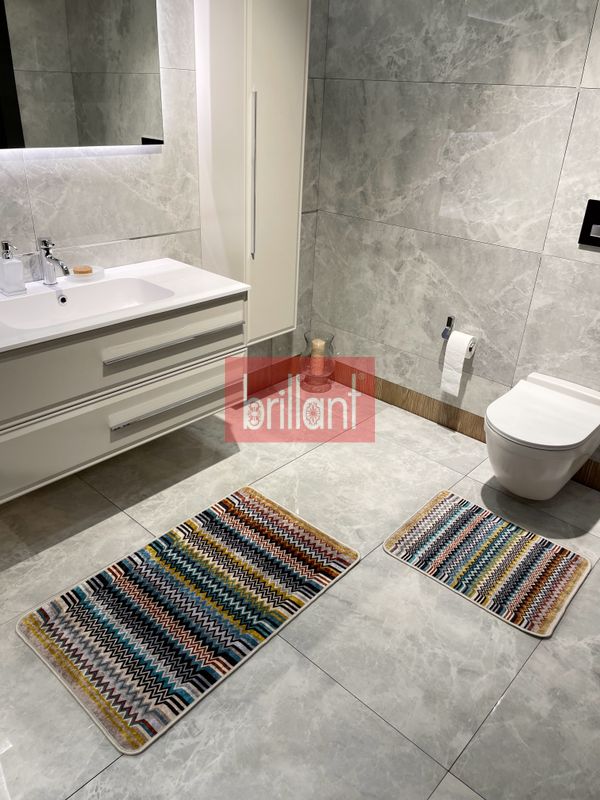 (mavi) Zigzag Desenli 2 li Deri Taban Banyo Paspas (60x100 - 60x50) - 4