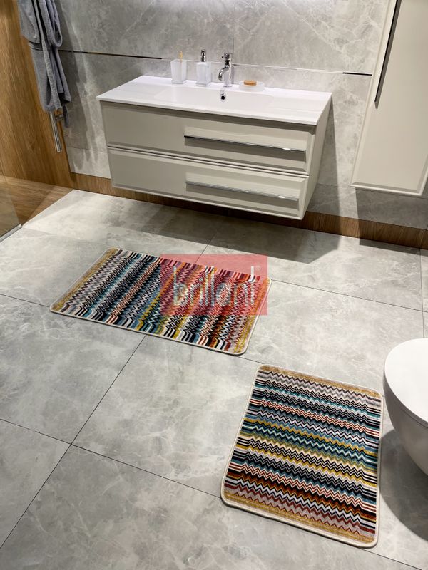 (mavi) Zigzag Desenli 2 li Deri Taban Banyo Paspas (60x100 - 60x50) - 5