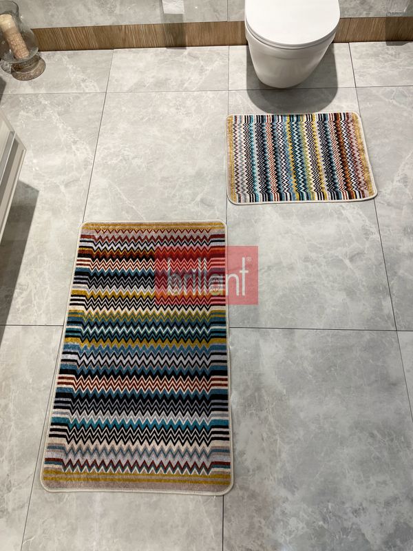 (mavi) Zigzag Desenli 2 li Deri Taban Banyo Paspas (60x100 - 60x50) - 6