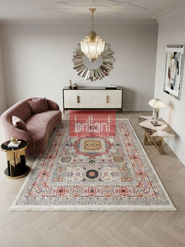 (bej) Modern Klasik Desen Lateks Taban Salon Antre Halı - 3