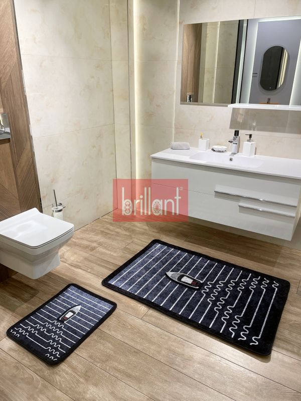 (lacivert) Tekne Desen Çizgi Desenli 2 li Deri Taban Banyo Paspas (70x110 - 70x50) - 2