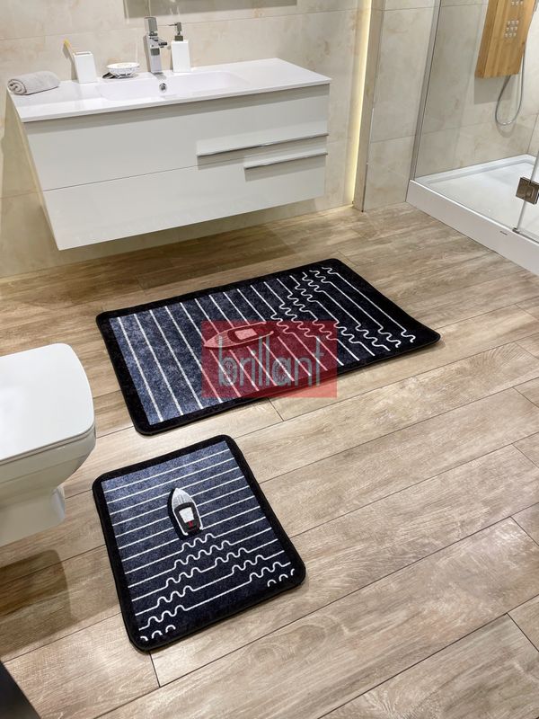 (lacivert) Tekne Desen Çizgi Desenli 2 li Deri Taban Banyo Paspas (70x110 - 70x50) - 3