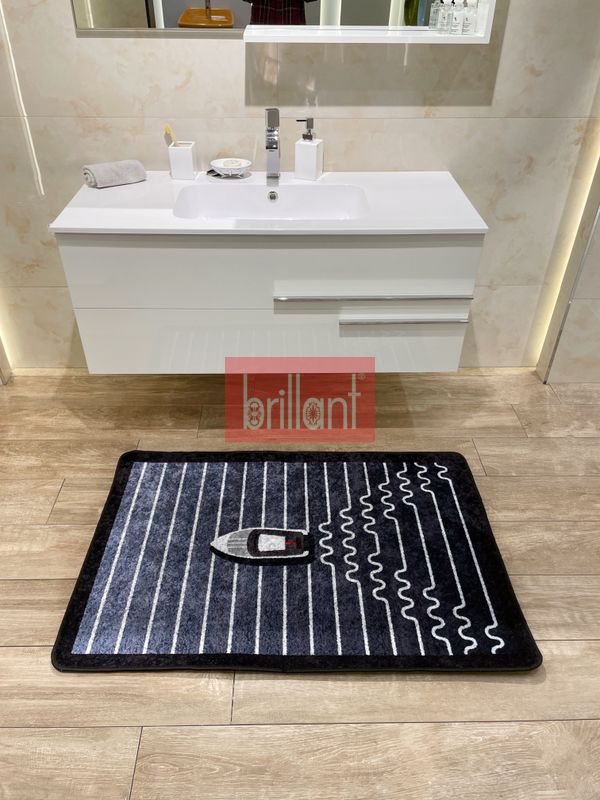 (lacivert) Tekne Desen Çizgi Desenli 2 li Deri Taban Banyo Paspas (70x110 - 70x50) - 4