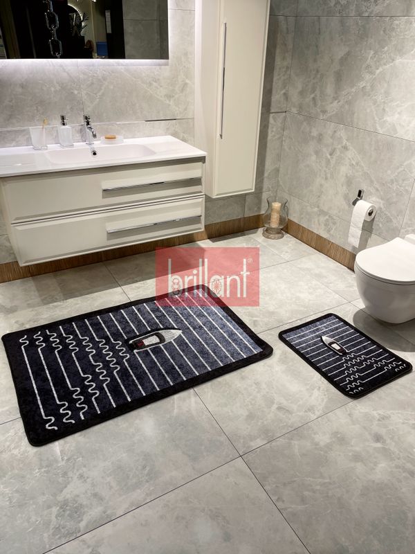 (lacivert) Tekne Desen Çizgi Desenli 2 li Deri Taban Banyo Paspas (70x110 - 70x50) - 5
