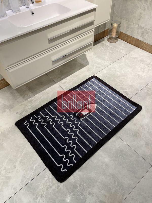 (lacivert) Tekne Desen Çizgi Desenli 2 li Deri Taban Banyo Paspas (70x110 - 70x50) - 6