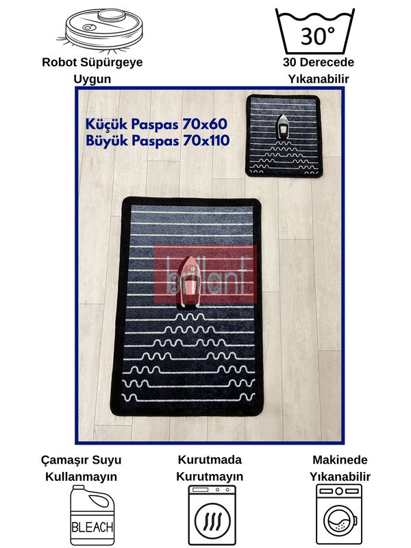 (lacivert) Tekne Desen Çizgi Desenli 2 li Deri Taban Banyo Paspas (70x110 - 70x50) - 7