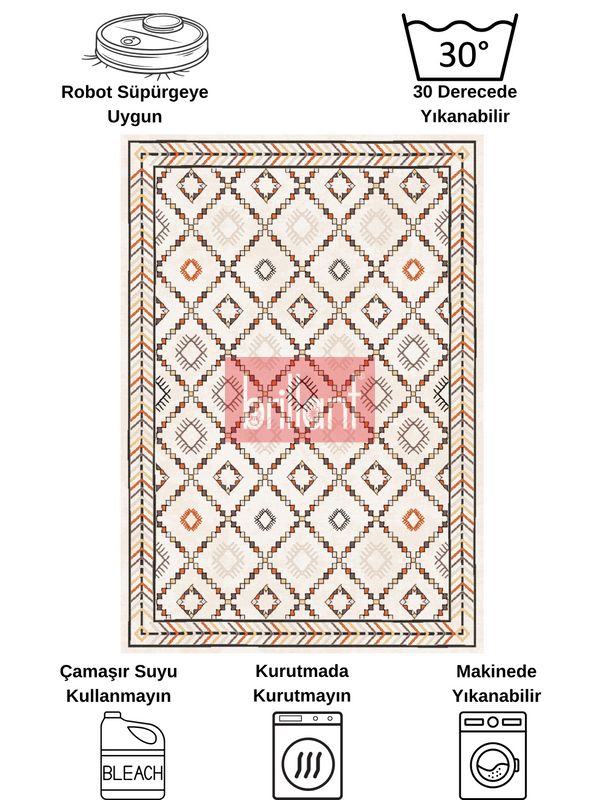 (bej) Etnik Desen Lateks Taban Salon Antre Halı - 6