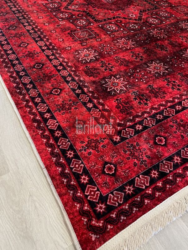 (kirmizi) Klasik Desen Lateks Taban Salon Antre Halı - 5