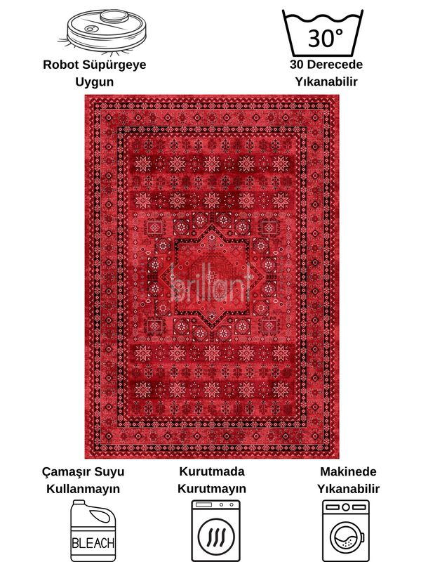 (kirmizi) Klasik Desen Lateks Taban Salon Antre Halı - 7