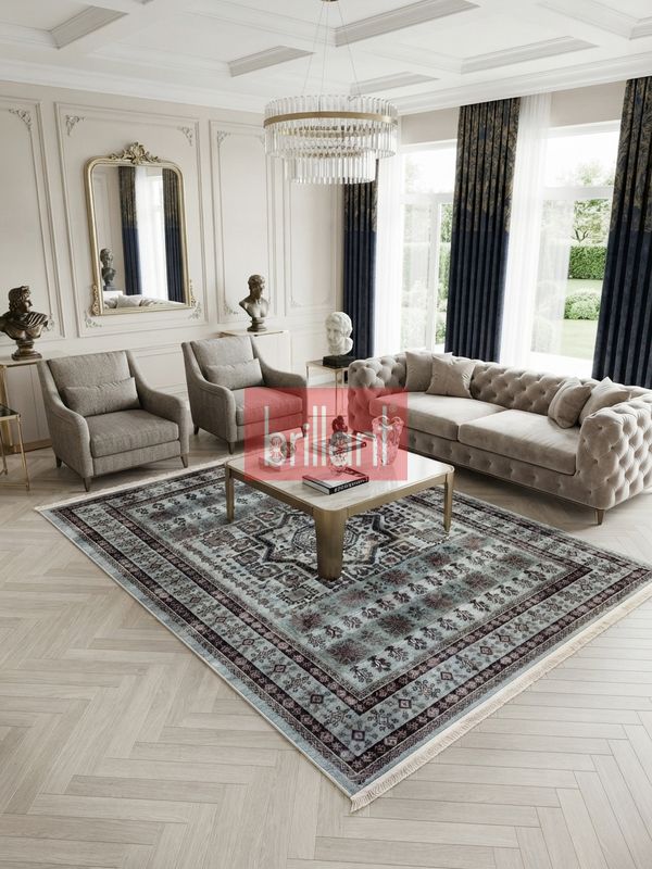 (yesil) Klasik Desen Lateks Taban Salon Antre Halı - 2