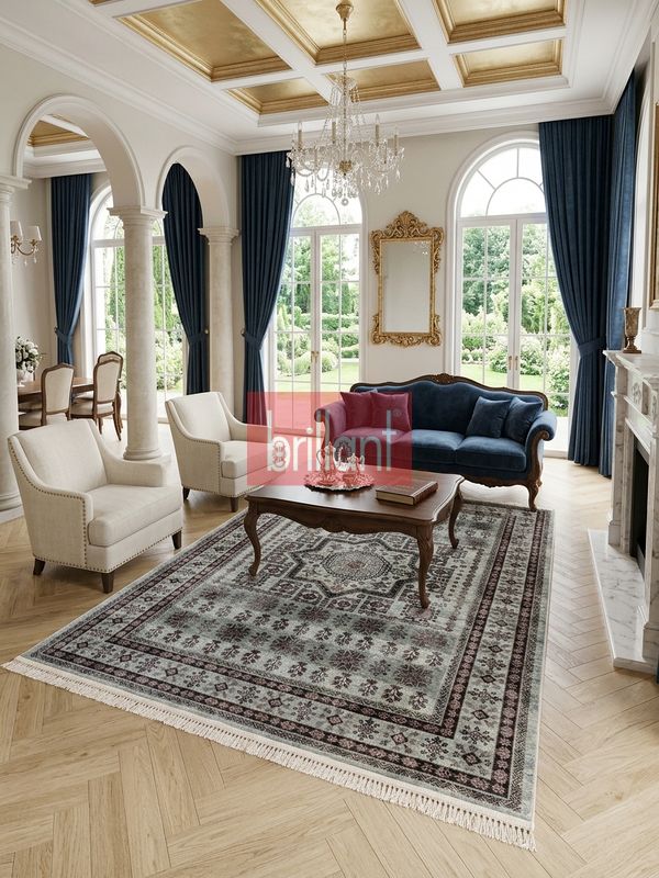 (yesil) Klasik Desen Lateks Taban Salon Antre Halı - 3