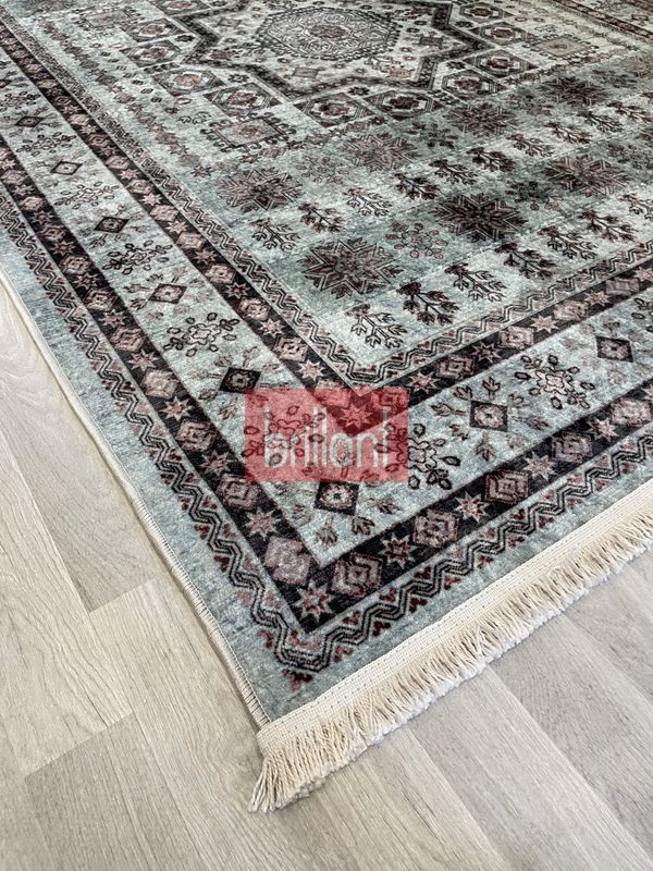 (yesil) Klasik Desen Lateks Taban Salon Antre Halı - 5