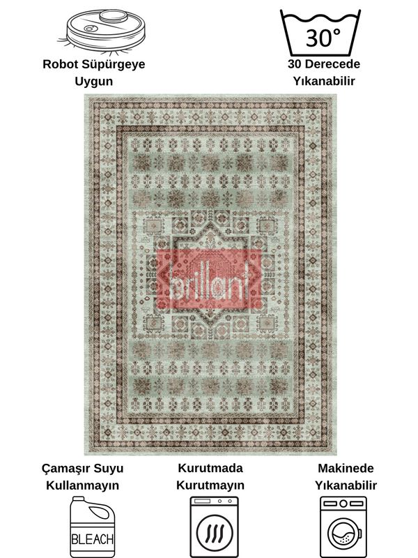 (yesil) Klasik Desen Lateks Taban Salon Antre Halı - 7
