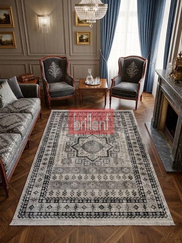 (gri) Klasik Desen Lateks Taban Salon Antre Halı - 2