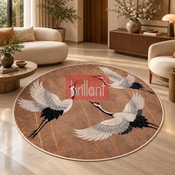 (kahverengi) Turna Kuş Desenli Lateks Taban Salon Antre Halı - 2