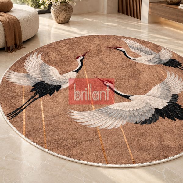 (kahverengi) Turna Kuş Desenli Lateks Taban Salon Antre Halı - 4