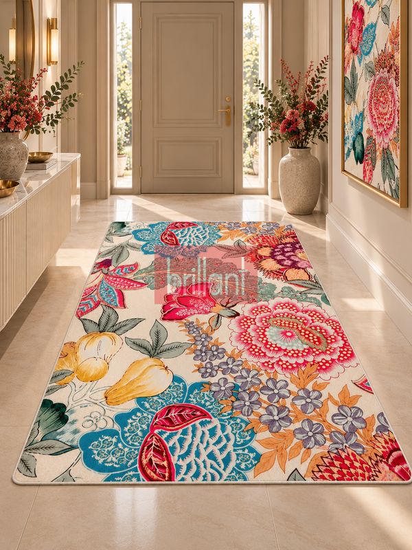 (bej) Çicek Desen Lateks Taban Salon Antre Halı - 3