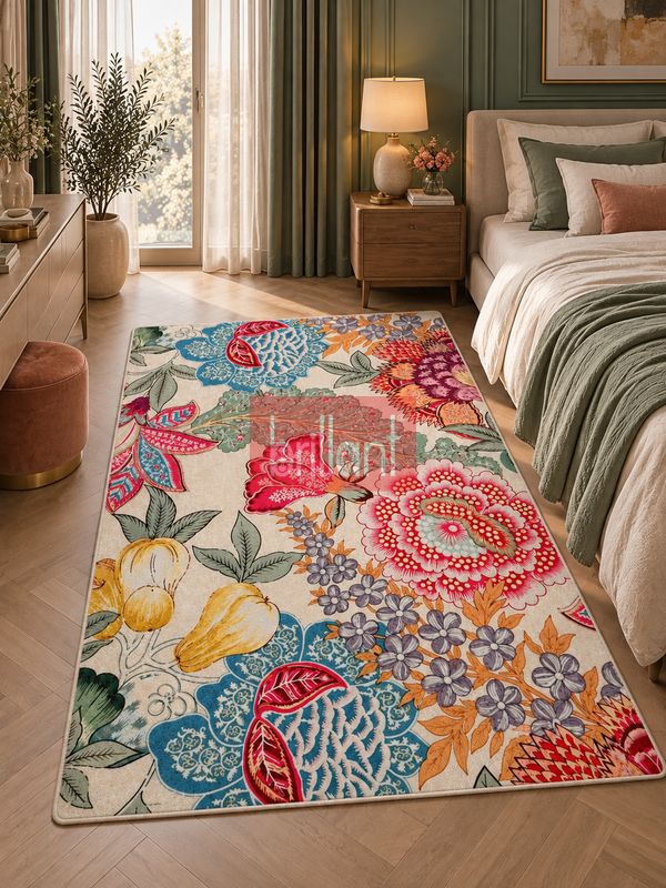 (bej) Çicek Desen Lateks Taban Salon Antre Halı - 4