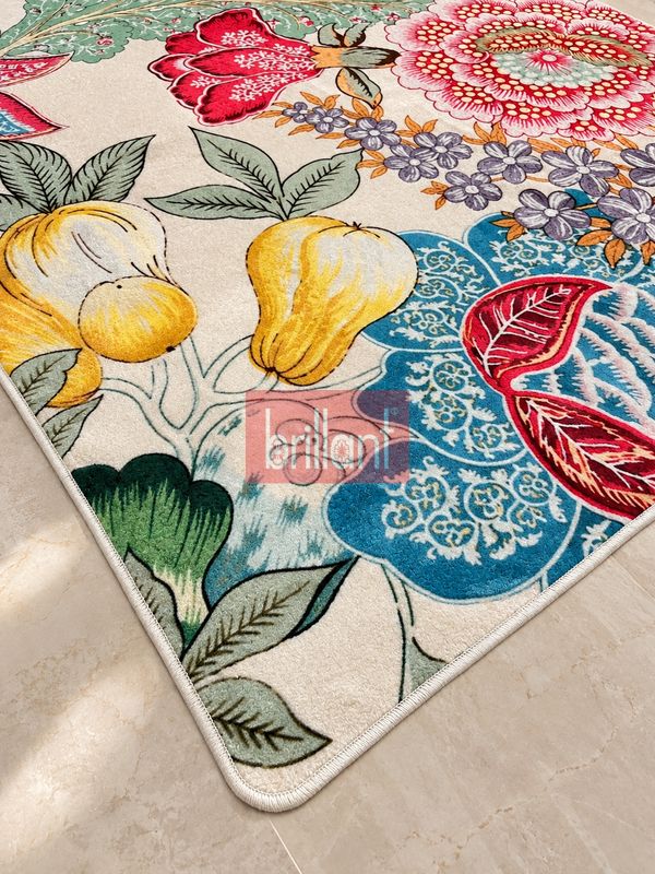 (bej) Çicek Desen Lateks Taban Salon Antre Halı - 6