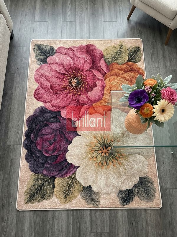 (bej) Çicek Desen Lateks Taban Salon Antre Halı - 3