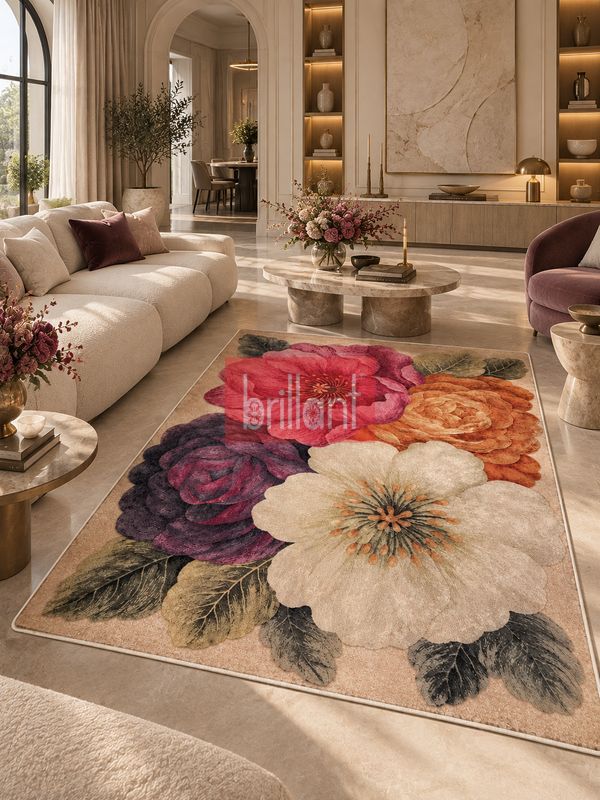 (bej) Çicek Desen Lateks Taban Salon Antre Halı - 5