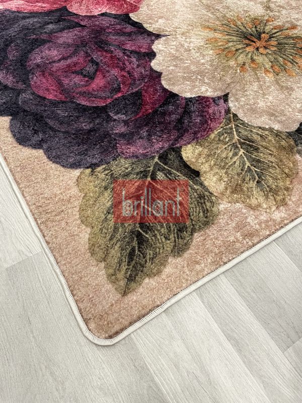 (bej) Çicek Desen Lateks Taban Salon Antre Halı - 6