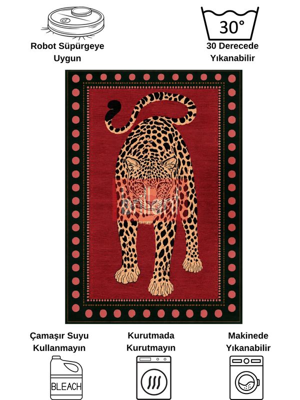 (kirmizi) Leopar Desen Lateks Taban Salon Antre Halı - 7