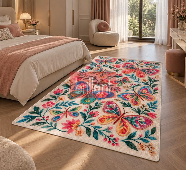 (bej) Kelebek Desenli Lateks Taban Salon Antre Halı - 4
