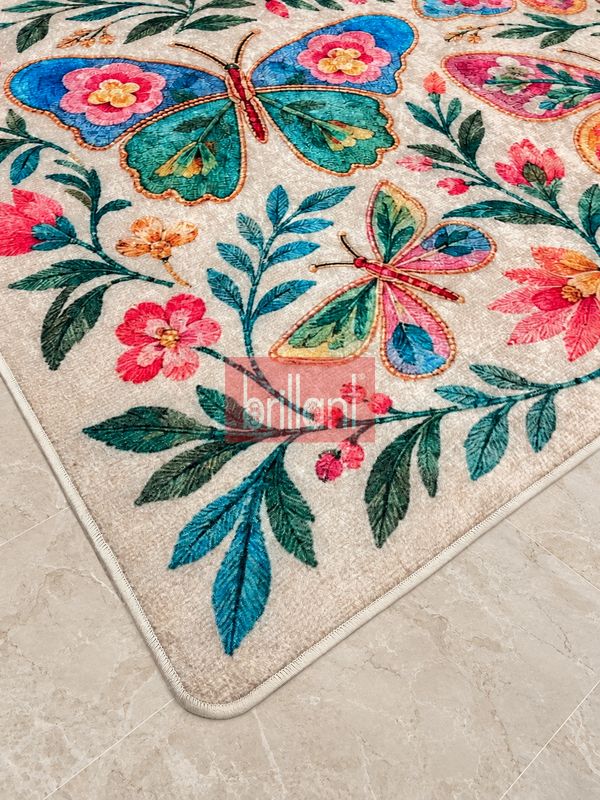 (bej) Kelebek Desenli Lateks Taban Salon Antre Halı - 5