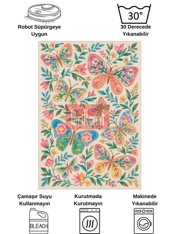 (bej) Kelebek Desenli Lateks Taban Salon Antre Halı - 7